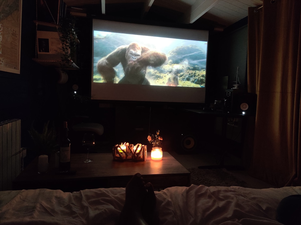 Уживајте во пријатна филмска вечер на нашиот проектор во дрвената колиба. 