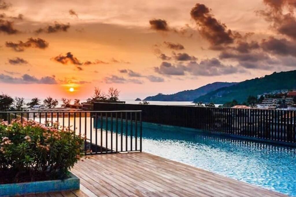 The rooftop pool in sunset