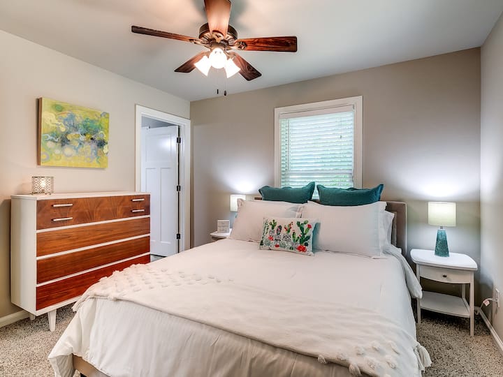 Master bedroom. You'll find a power strip with three regular outlets and three USB ports on the nightstand. Have to keep those devices charged!