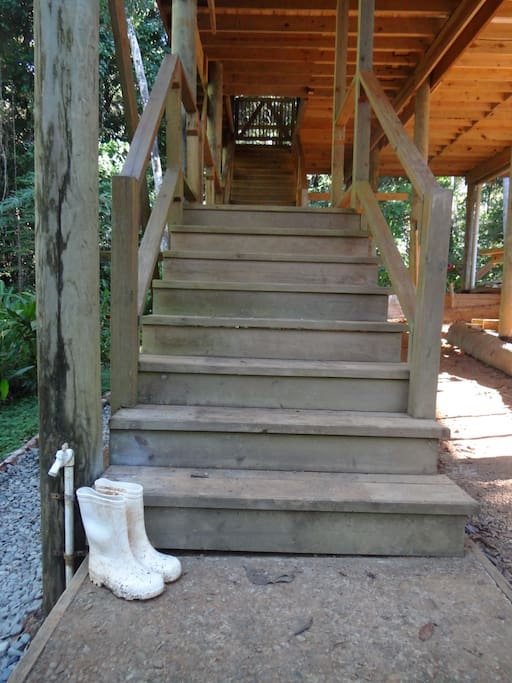 View up the stairs, we have a convenient faucet for rinsing off your feet if needed!