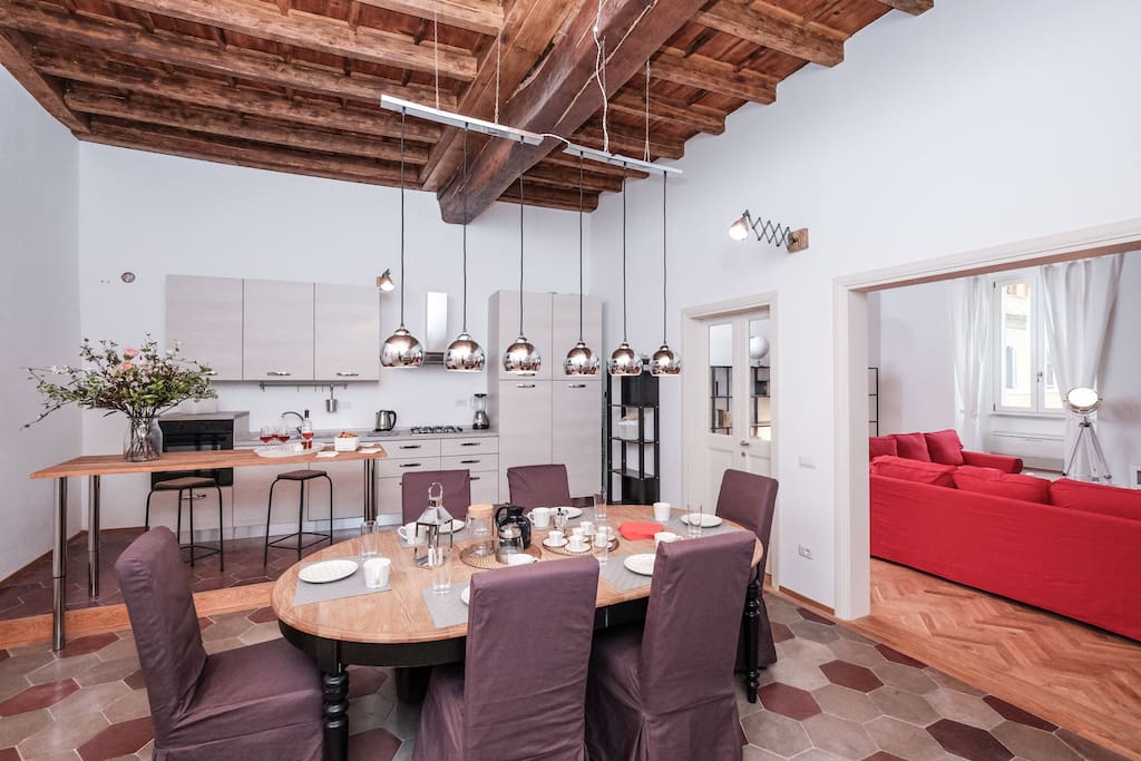 The open space kitchen lets everyone participate in the dinner preparations
