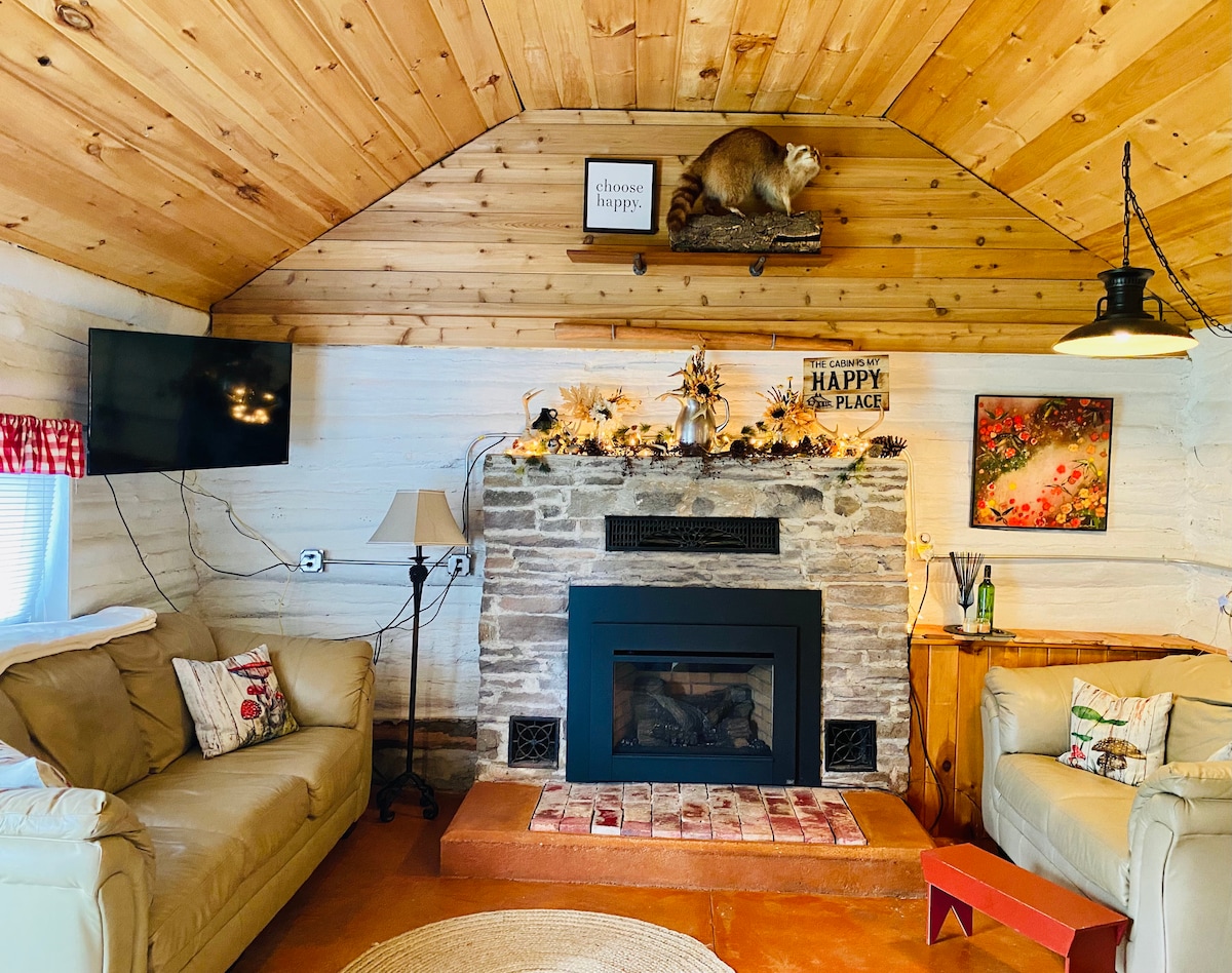 The cozy living area features two leather sofas positioned near a stone fireplace, enhancing the rustic ambiance. A flat-screen television is mounted on the wall, and decorative items adorn the mantel. Natural wood elements highlight the cabin's charming character.