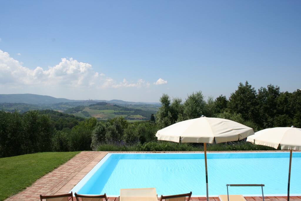 La bellissima Piscina con la spettacolare Vista della Campagna Toscana e del borgo di San Gimignano.
