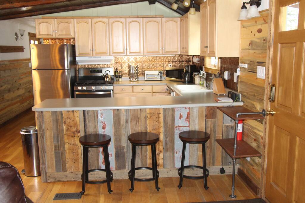 Breakfast bar with re-claimed barn wood.