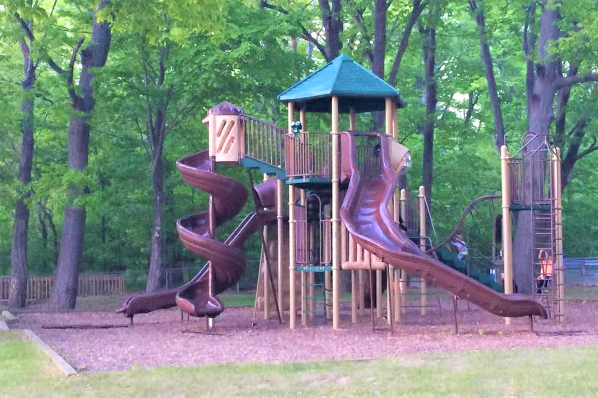 A playground layout is featured among tall trees, presenting a variety of play structures. Two twisting slides, one smooth and one wavy, are visible from a multi-level play area. The ground is covered with wood chips, providing a safe play surface.