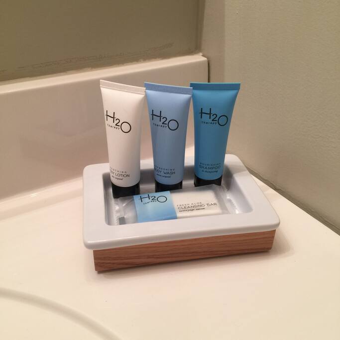 Shampoo, conditioner, lotion, & soap provided.