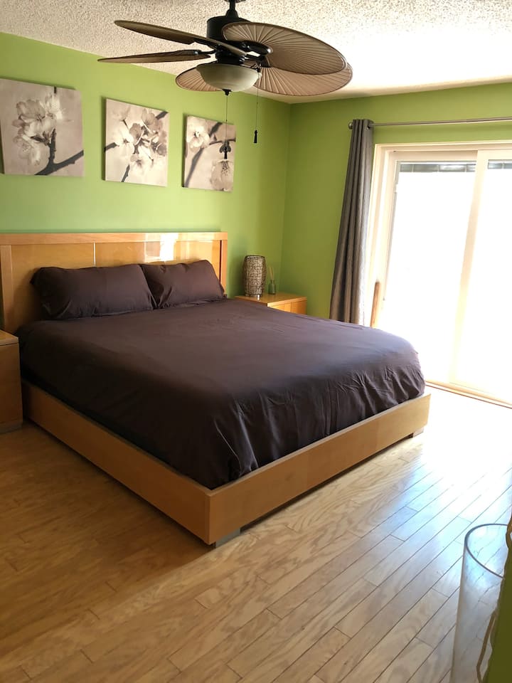 Dormitorio #1 - Dormitorio principal con cama tamaño king y puertas corredizas de vidrio que conducen al patio trasero y al área de la piscina. 