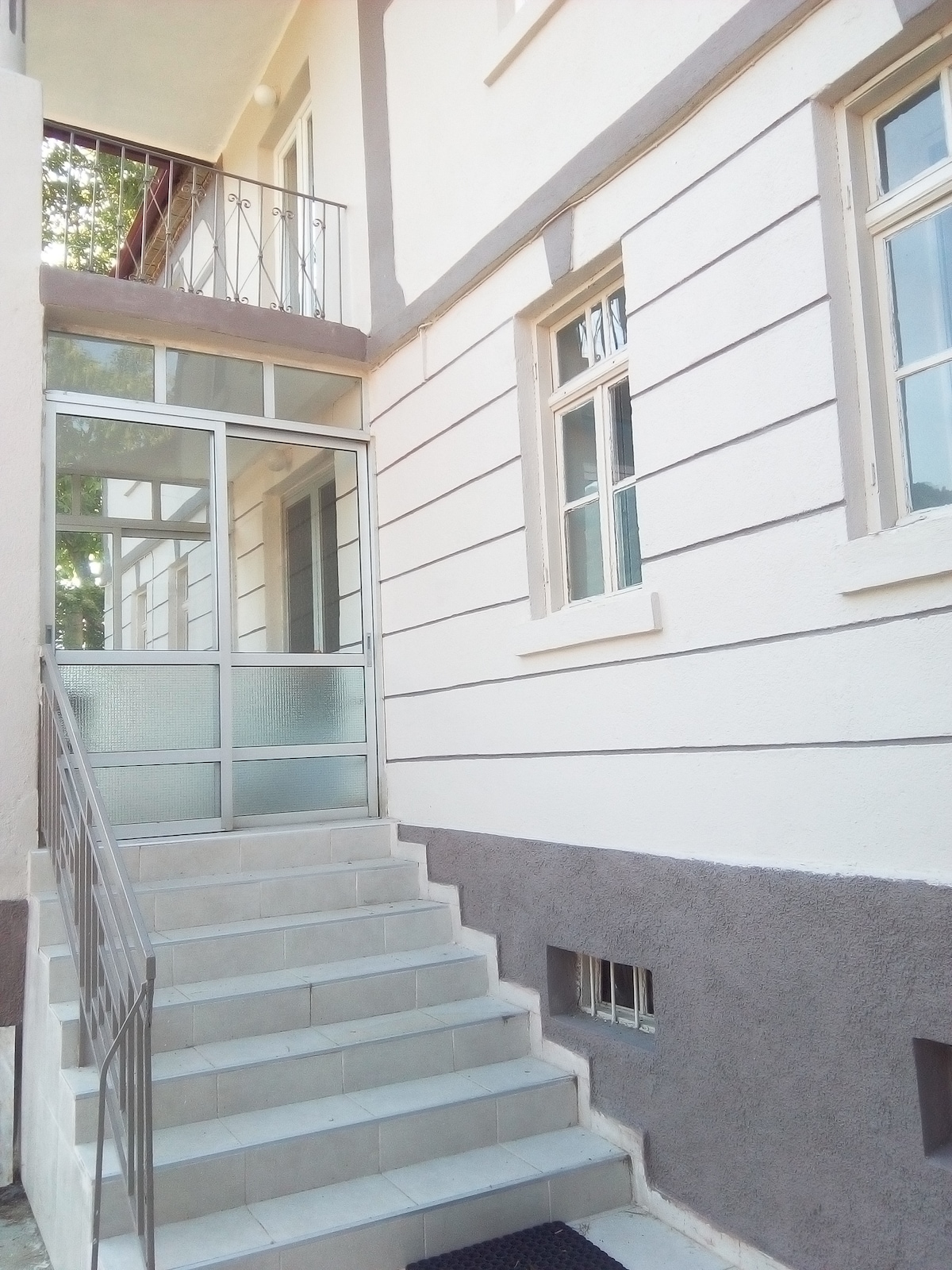 The entrance features a set of wide stairs leading to a glass door with a frosted insert. Windows are positioned on either side, allowing natural light to illuminate the area. The exterior walls have a simple two-tone finish, enhancing the villa's charming appearance.
