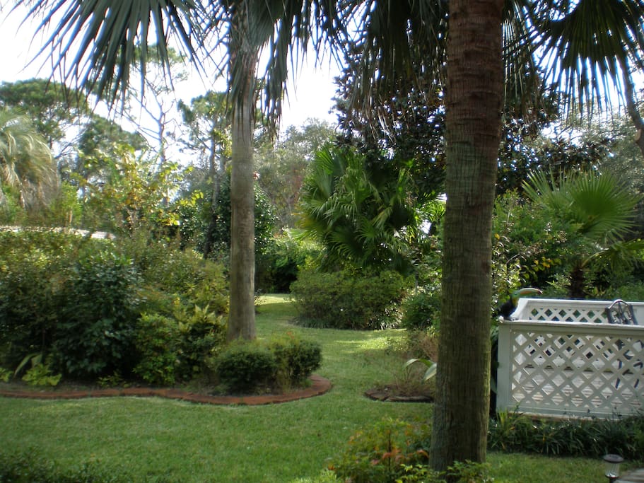Privacy fenced back yard with free standing deck.