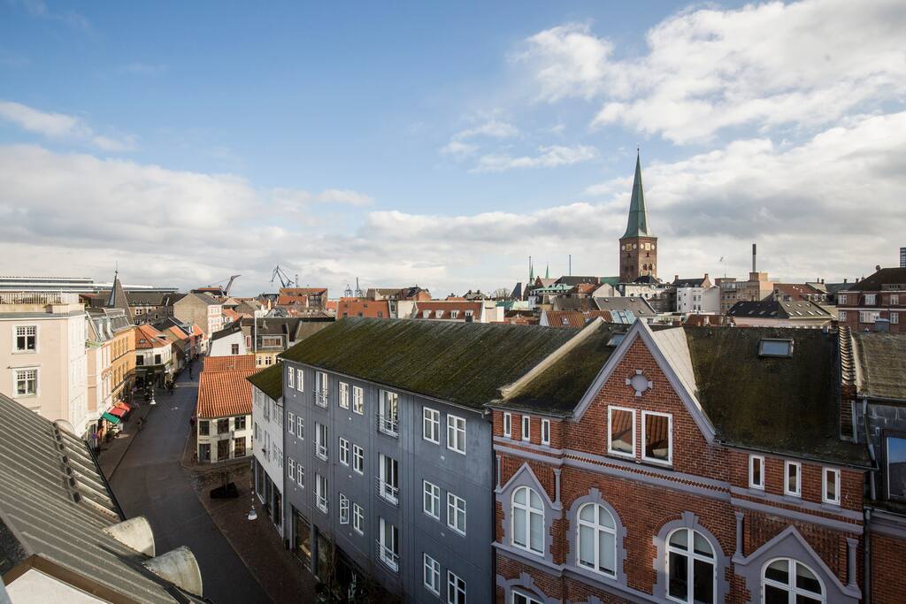 Rooftopview: Habour in the distance and Aarhus Cathedral close by.