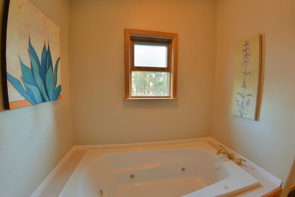 Jacuzzi Tub with Kelly's art on the walls.