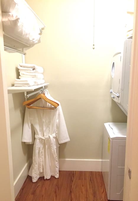 Walk in closet with laundry.