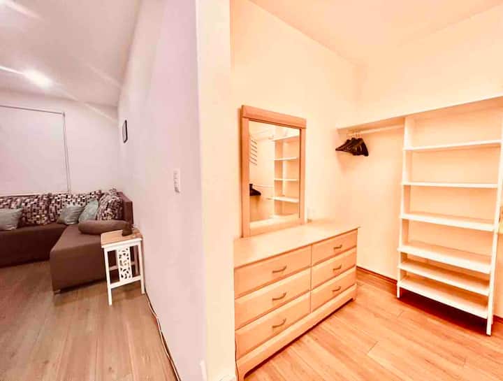 Главен влез во спалната соба со плакар и бања со тоалет и хидромасажна када Kohler.