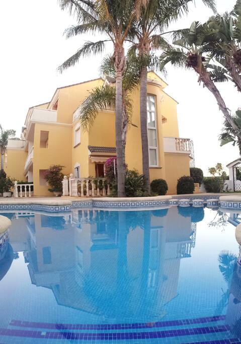 Pool Landschaft mit Blick auf das Haus.