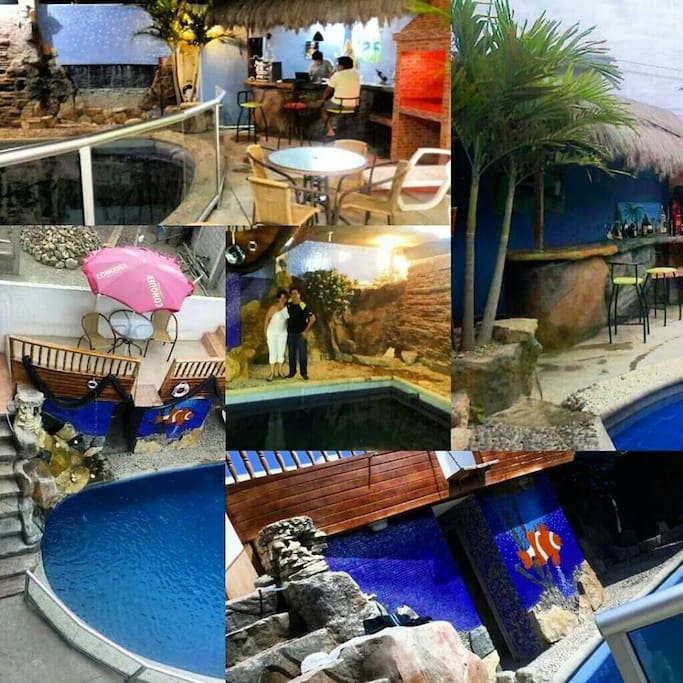 Area social decorada a forma de arrecife marino cuenta con barbacoa, piscina, pergola, mesas, sillas plegables, hamaca