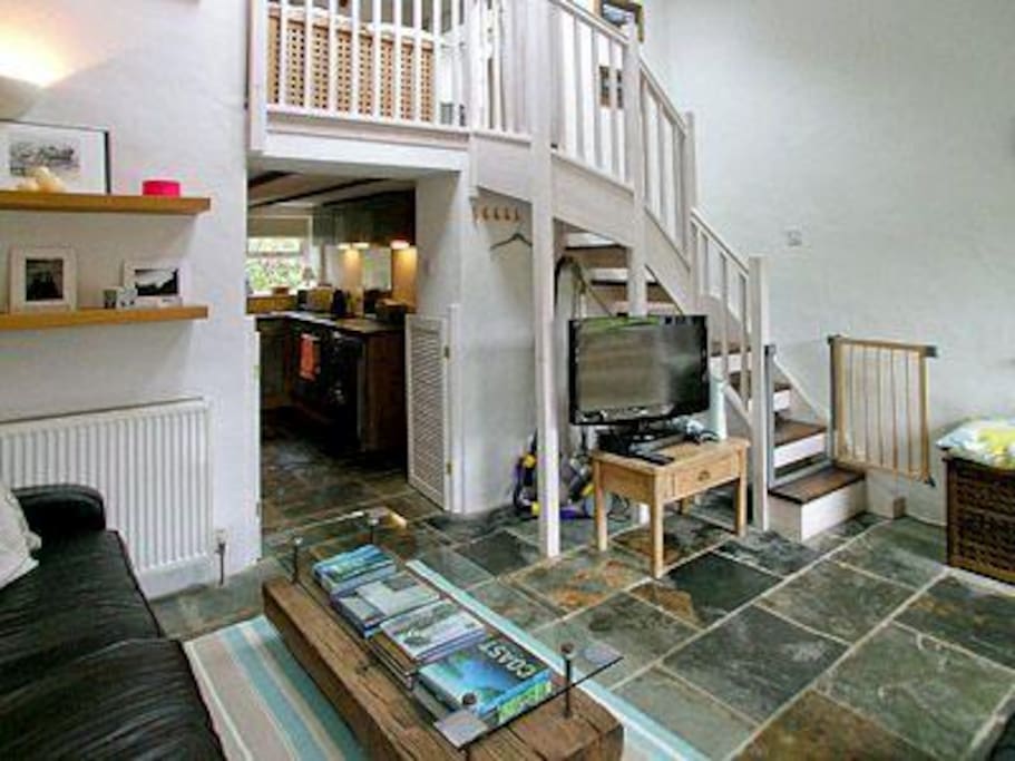 Barn - Lounge, stairs to mezzanine bedroom