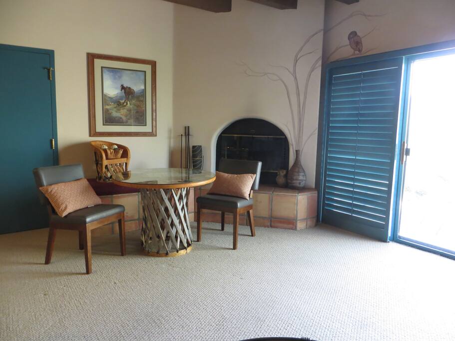 Wood Burning Fireplace, Eating area (seats 1-4 at this table and two more at bar)