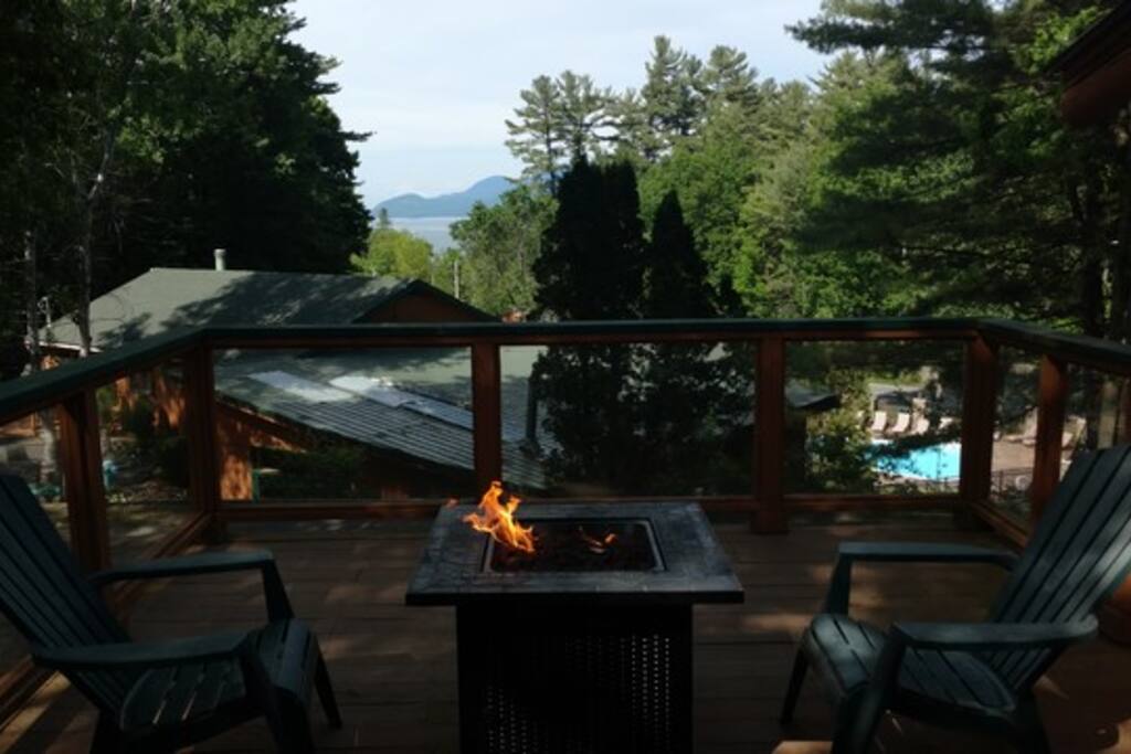 Gas fire pit overlooking views of Lake George and the mountains.