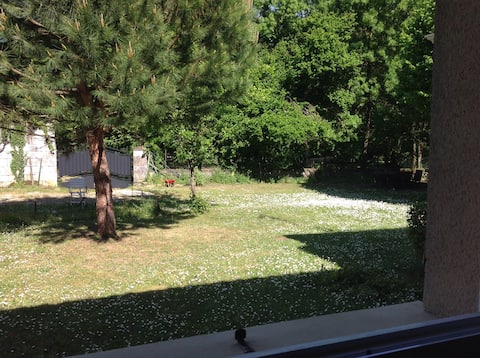 Homestay room overlooking a bucolic garden