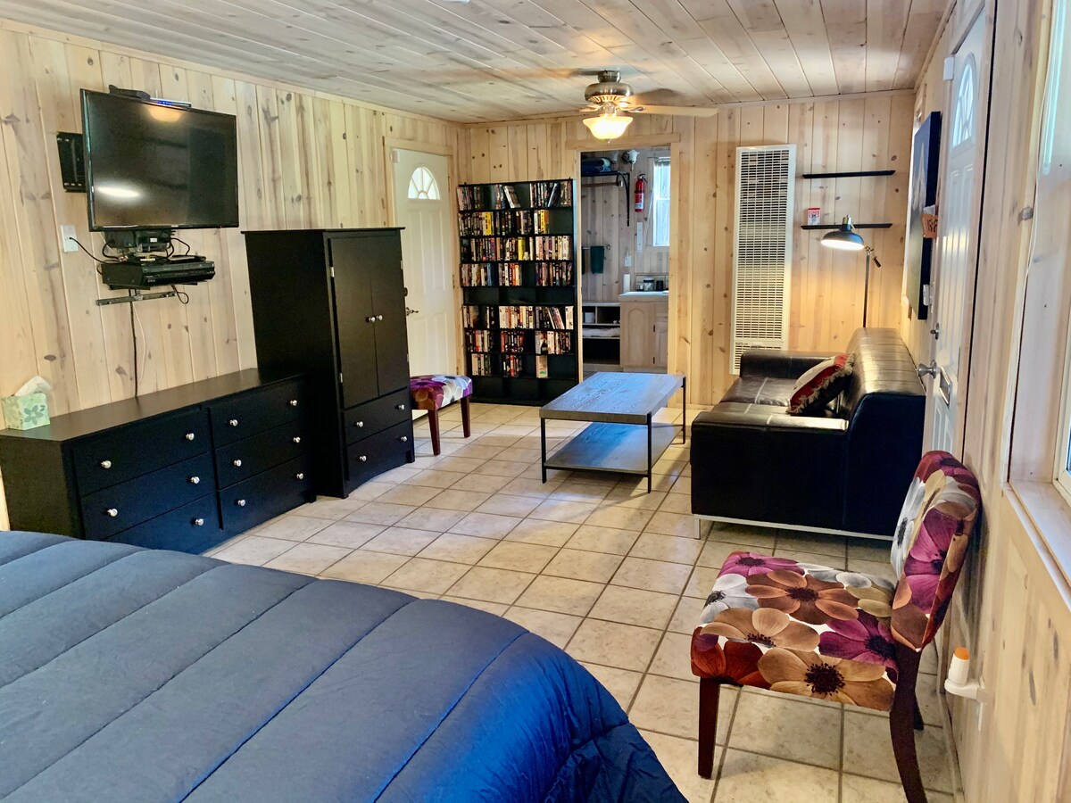 Alpina na mwonekano kuelekea bafuni (mlango ulio wazi) na jiko (mlango uliofungwa upande wa kushoto). Maktaba ya video iko kati ya milango miwili.