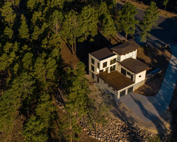 aerial view of the full house, on the lower level you can see the guest suite entrance and the parking area.