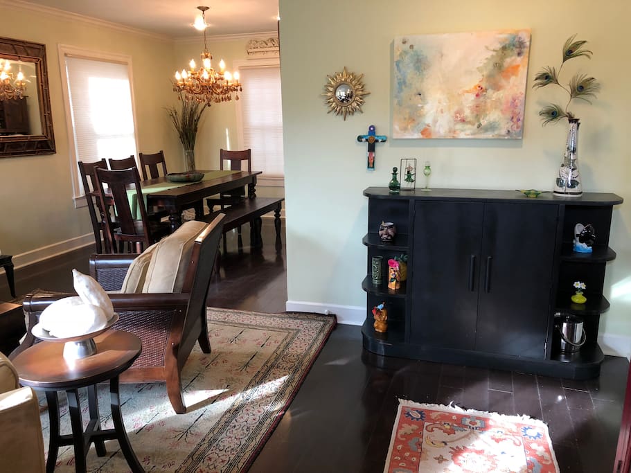 The formal dining and living room, with bar