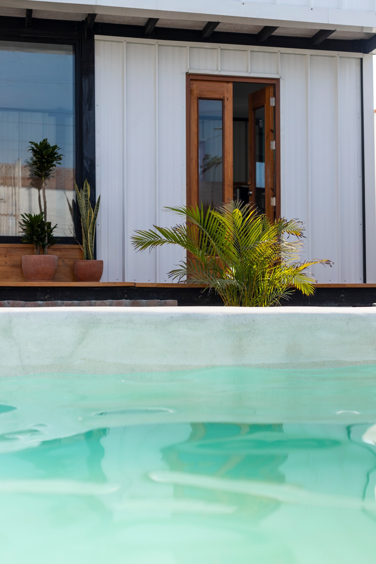 A private pool is visible in the foreground, featuring calm water. In the background, the entrance to the bungalow is framed by a wooden door, with potted plants adding greenery to the space. Large windows reflect the natural light.