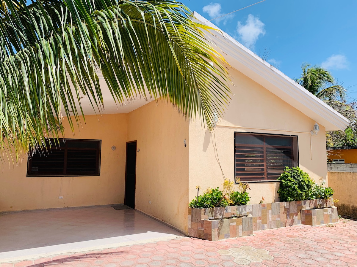 The exterior of a single-story house is displayed, featuring a light beige facade and well-maintained landscaping. Large windows allow natural light to enter, and a palm tree provides shade. The entrance is framed by potted plants, enhancing the welcoming appearance of the home.
