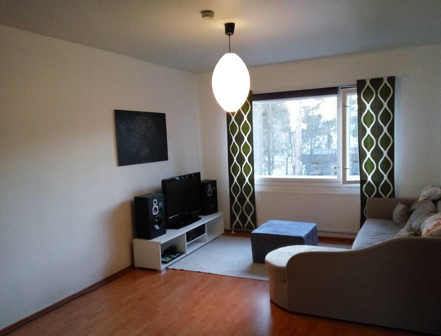 Good equipment for enjoying movies with your loved ones. Sofa-bed in the picture.