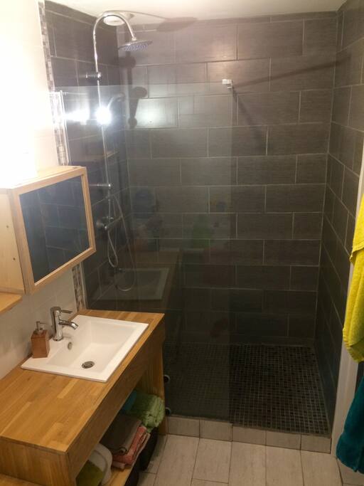 Salle de bain avec douche et baignoire