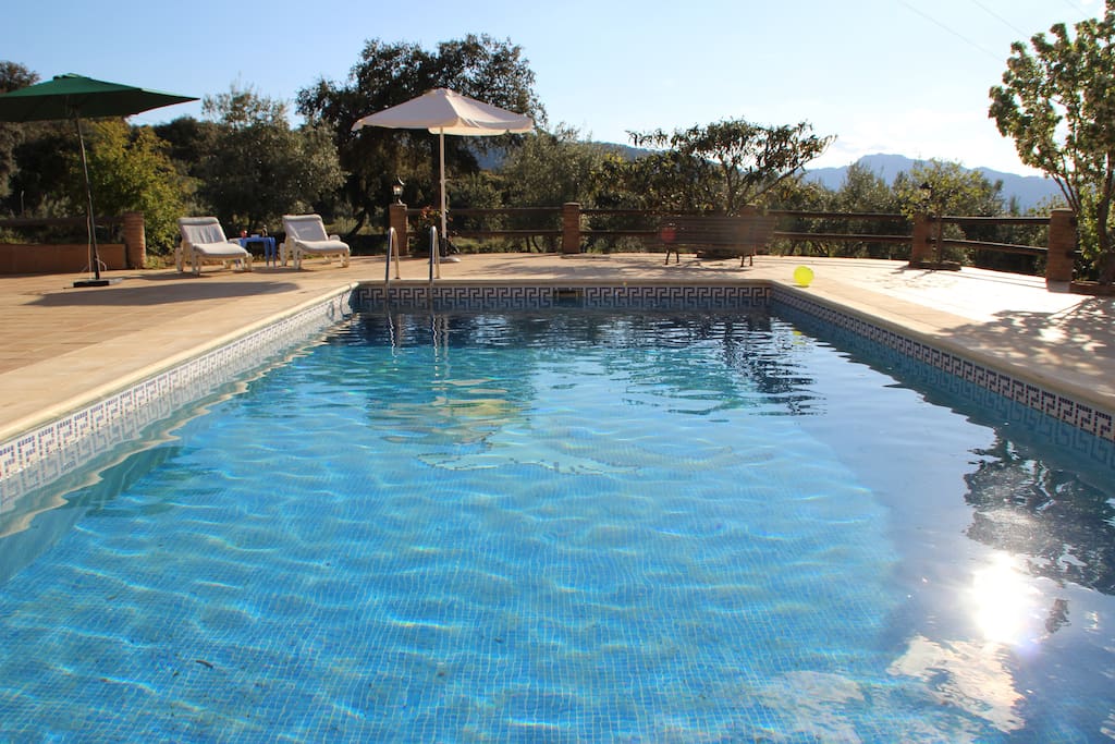 Piscina con barbacoa, sombrada, hamacas, gran mesa, rodeado de farolas