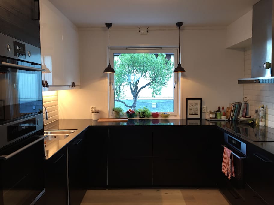 Fully equipped kitchen. Two ovens, cooktop, microwave, dishwasher.