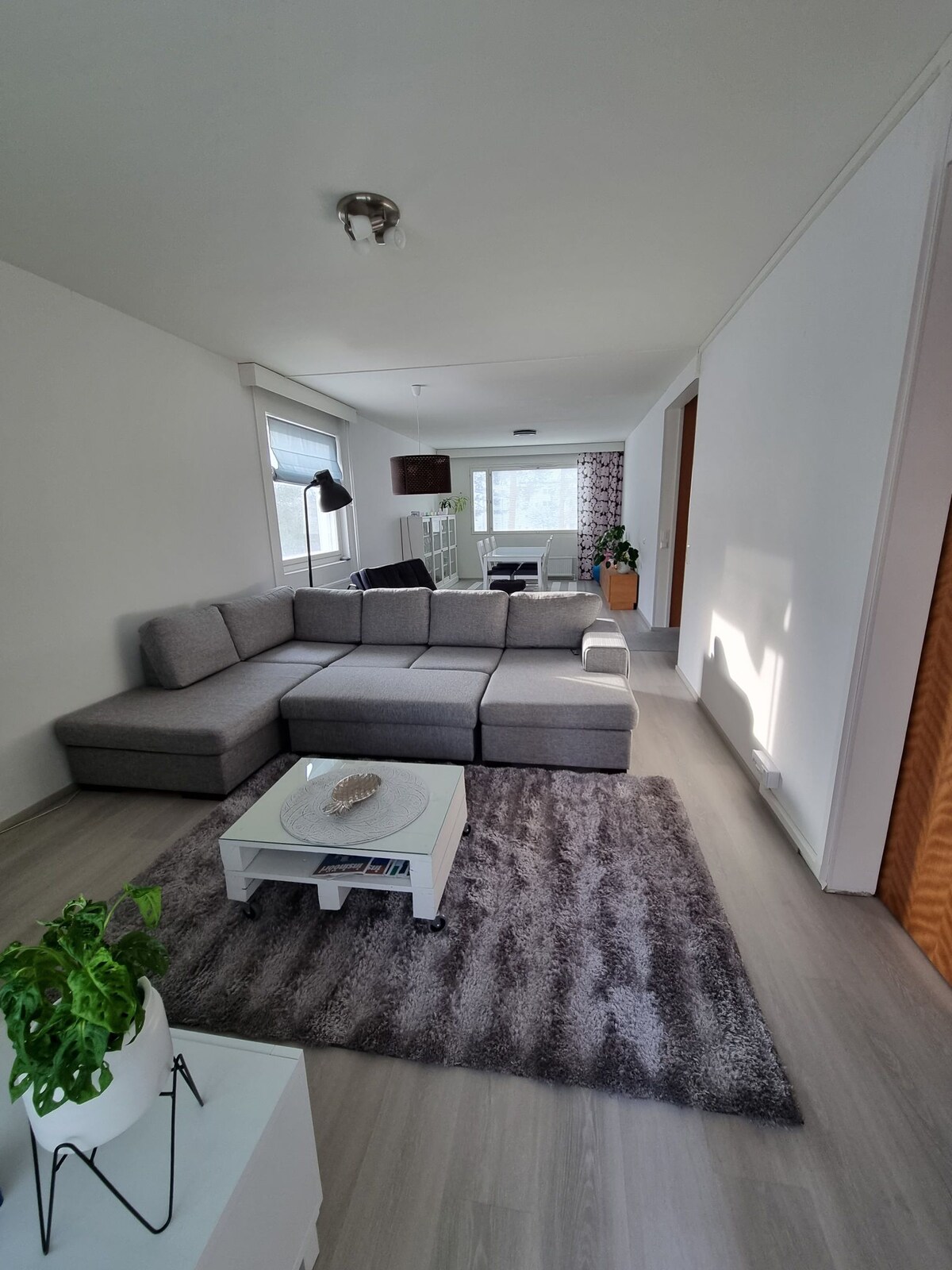 A spacious living area features a gray sectional sofa, complemented by a modern coffee table and a decorative plant. Natural light streams in through large windows, accentuating the light-colored walls and wooden accents, creating a welcoming environment.