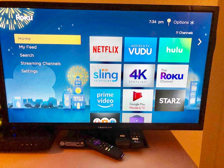 Roku TVs. Guests can login and access their own streaming service accounts like Netflix, Hulu, Disney+, Prime, Vudu, and more. .