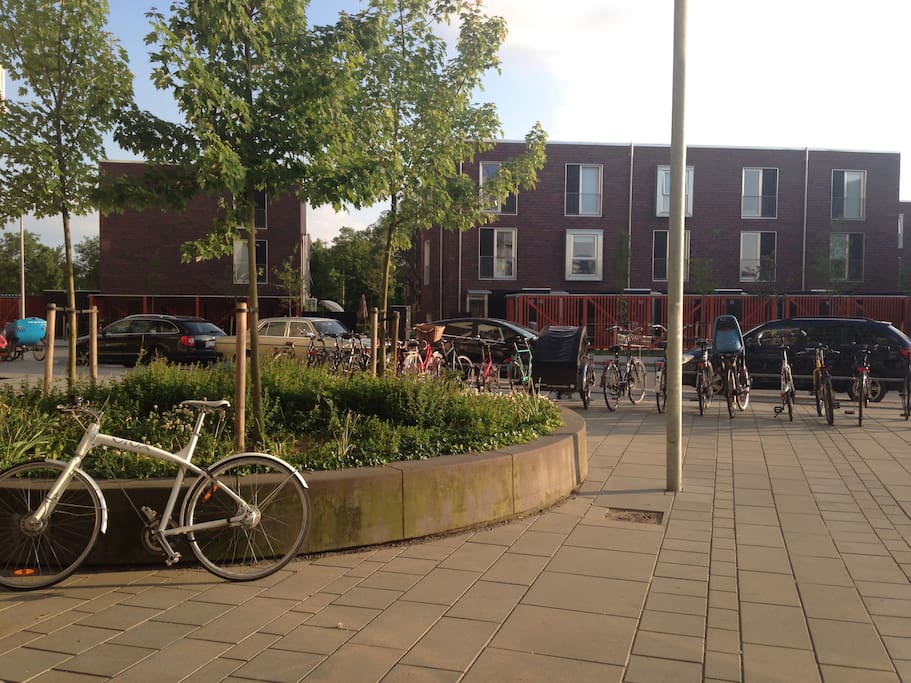Bike parking at the entrance. The area is very peaceful and safe.