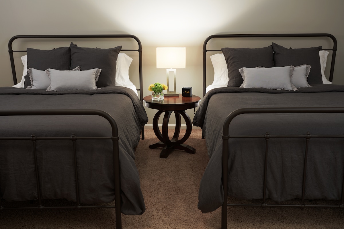 Upstairs Double Queen Bedroom, Walk-In Closet, Desk + Seating Area