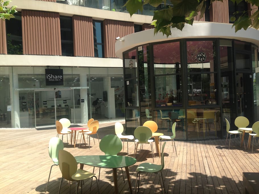 There are lots of lovely restaurants and shops underneath our flat- and an ATM machine.