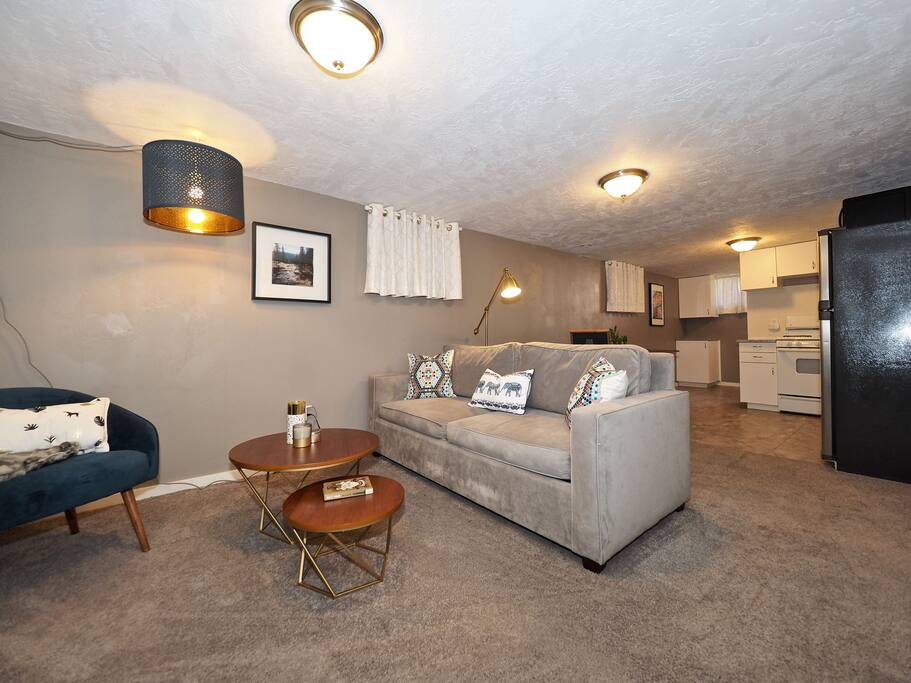 Living room with plenty of seating and a pull out sofa.