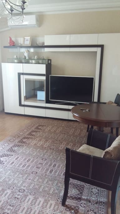 Living room with plasma TV and sofa which transforms into double bed.