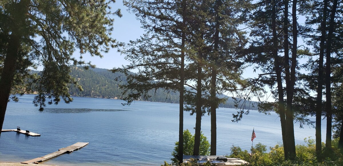 A serene lake view is framed by tall pine trees, with calm blue waters extending toward distant mountains. A wooden dock is visible on the left, leading to the water's edge, and a small U.S. flag is positioned among the greenery.