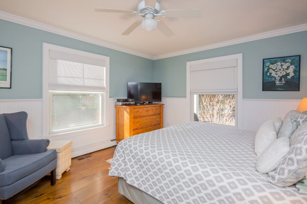 full sunny master suite with ceiling fan, walk-in closet, dressers and flat screen tv