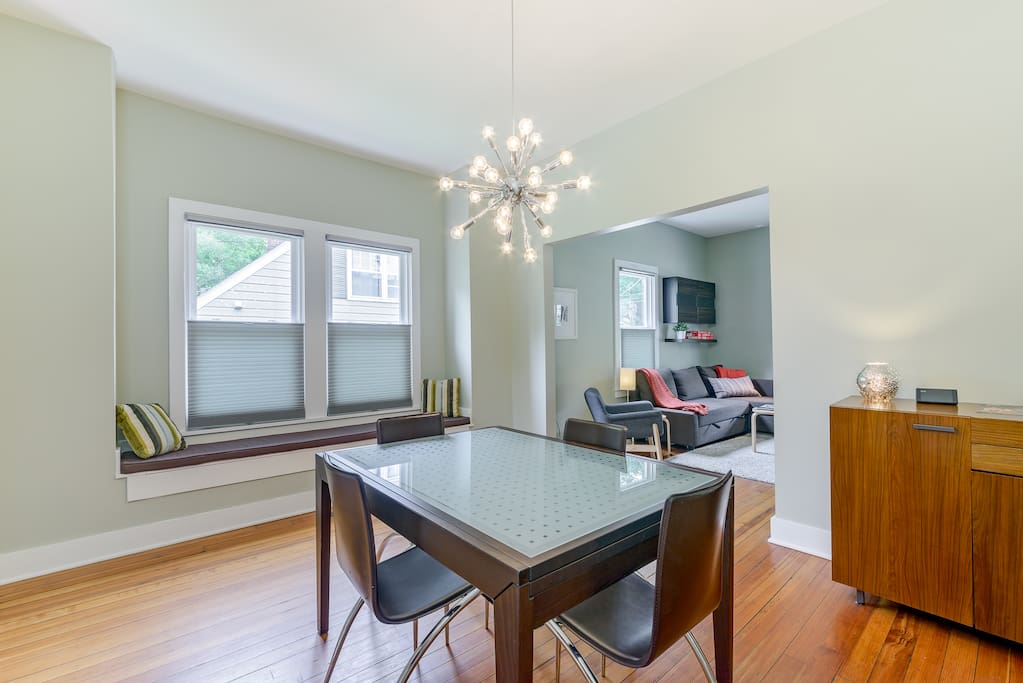 Another view of the dining room, featuring the window seat ... a great place to enjoy a book.