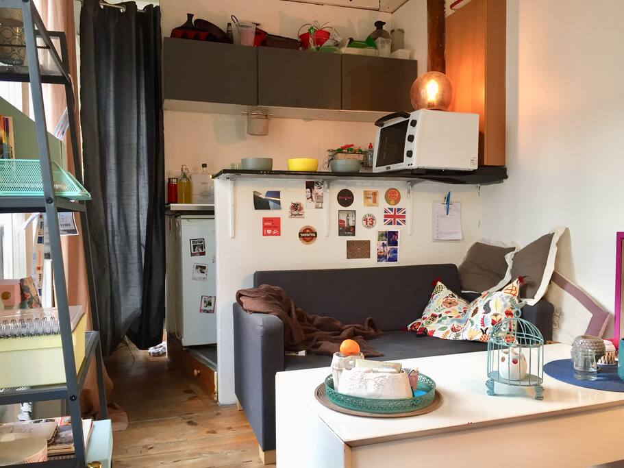 Canapé + cuisine ouverte
Chambre au fond derrière le rideau