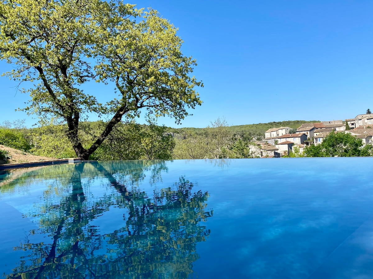 The image showcases a tranquil infinity pool, reflecting clear blue skies and surrounding greenery. A sprawling tree can be seen beside the pool, with the quaint village visible in the distance. The serene setting emphasizes the peaceful atmosphere of the property.