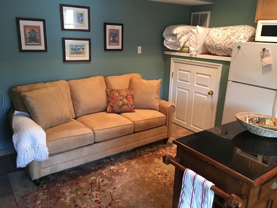 Large Bassett microfiber sofa in cozy studio living space.