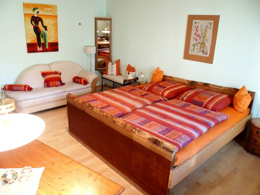 Schlafzimmer mit Couch, TV, Tisch und Kleiderschrank