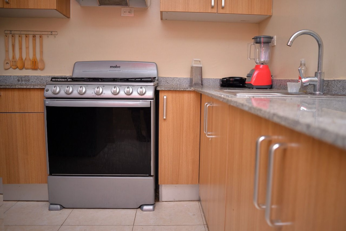 A modern kitchen is equipped with a stainless steel range, complemented by wooden cabinetry. A blender is positioned next to the sink, and wooden utensils are displayed on the wall. The countertop features a smooth, light grey finish, enhancing the functional design.