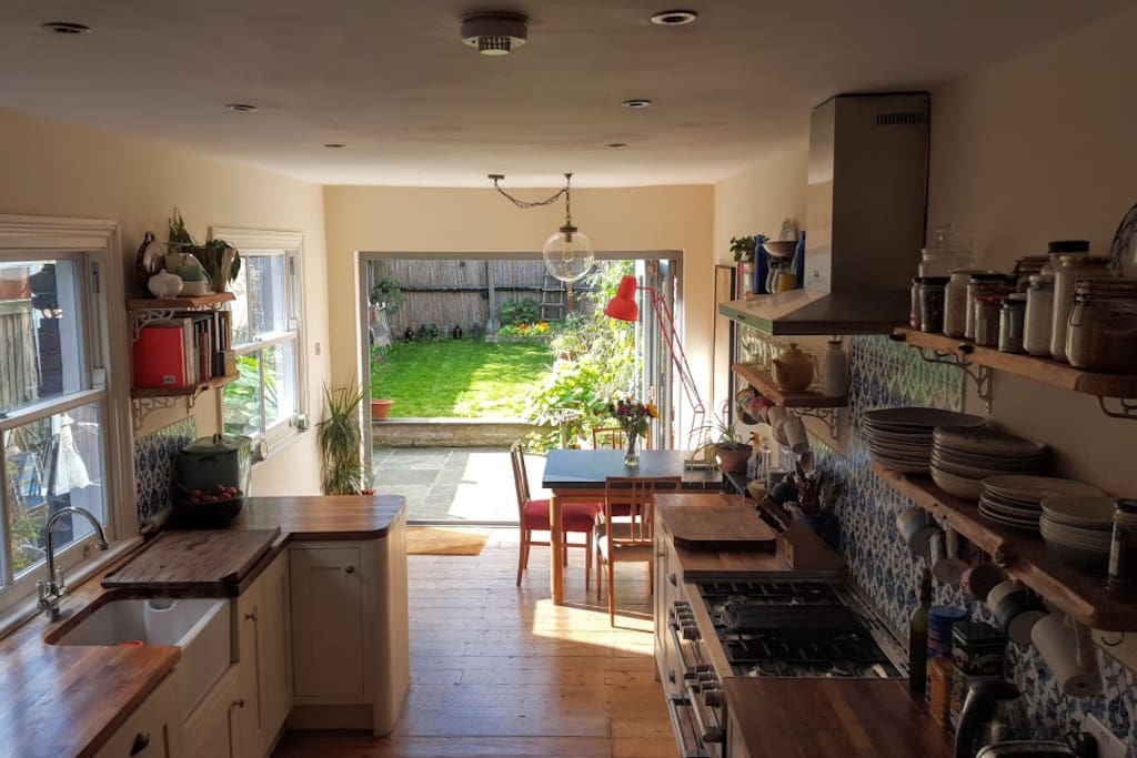 Eat-in kitchen with glass doors to garden