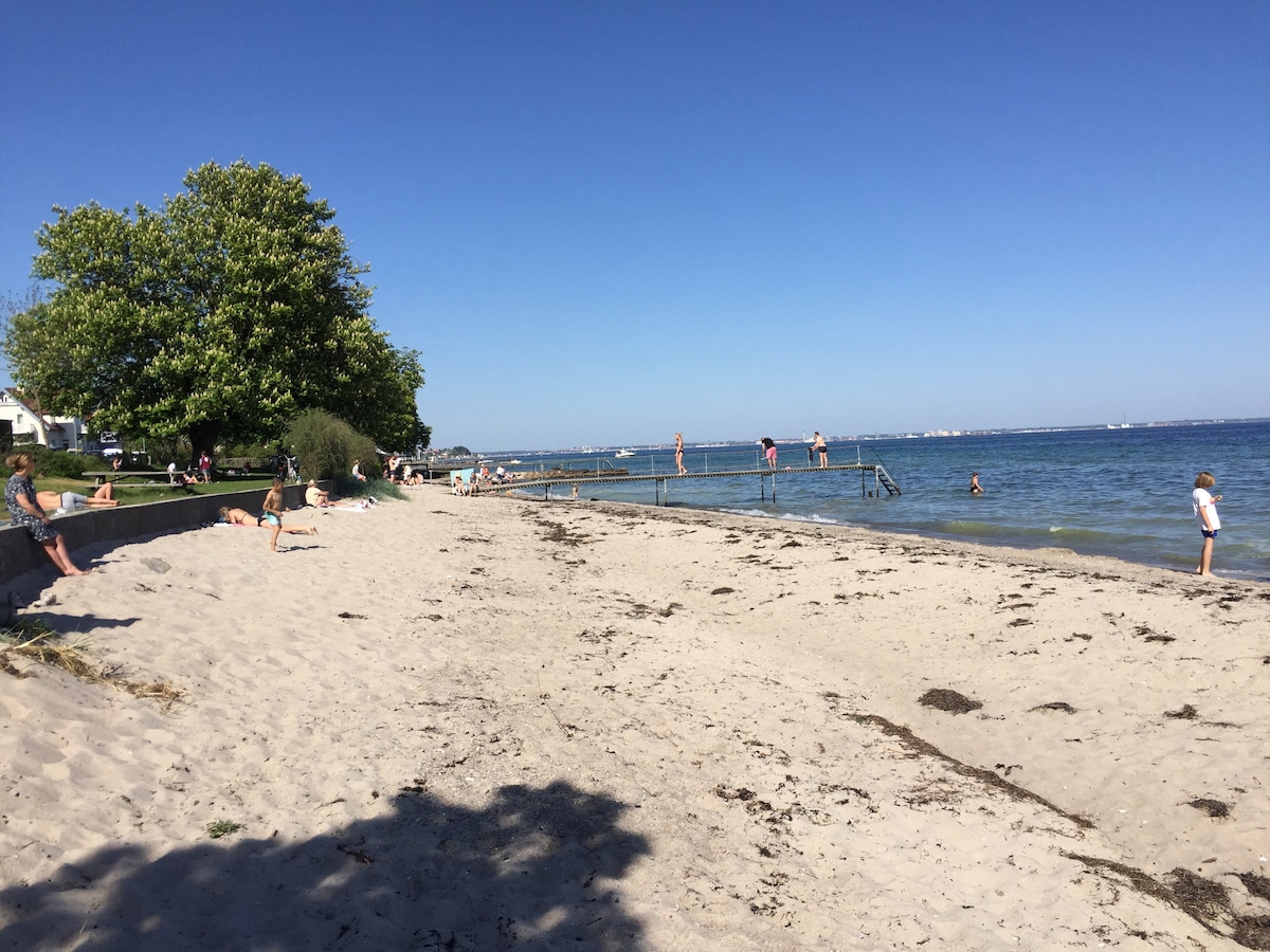A sandy beach stretches along the water's edge, with trees providing shade nearby. People are seen enjoying the sun and swimming, while a wooden dock extends into the clear, blue water. The sky is bright and cloudless, enhancing the scene's tranquility.