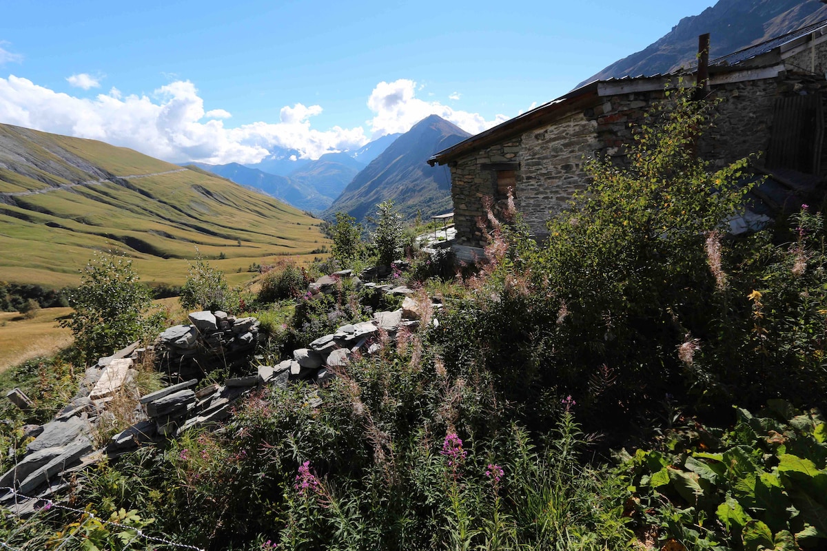 The image showcases a rustic mountain chalet surrounded by lush greenery and wildflowers. Boulders and stones accentuate the natural landscape, while distant mountains create a serene backdrop under a clear blue sky.